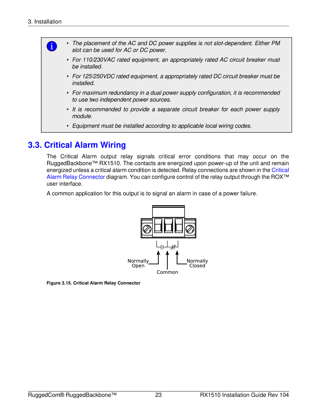 RuggedCom RX1510 manual Critical Alarm Wiring, Critical Alarm Relay Connector 