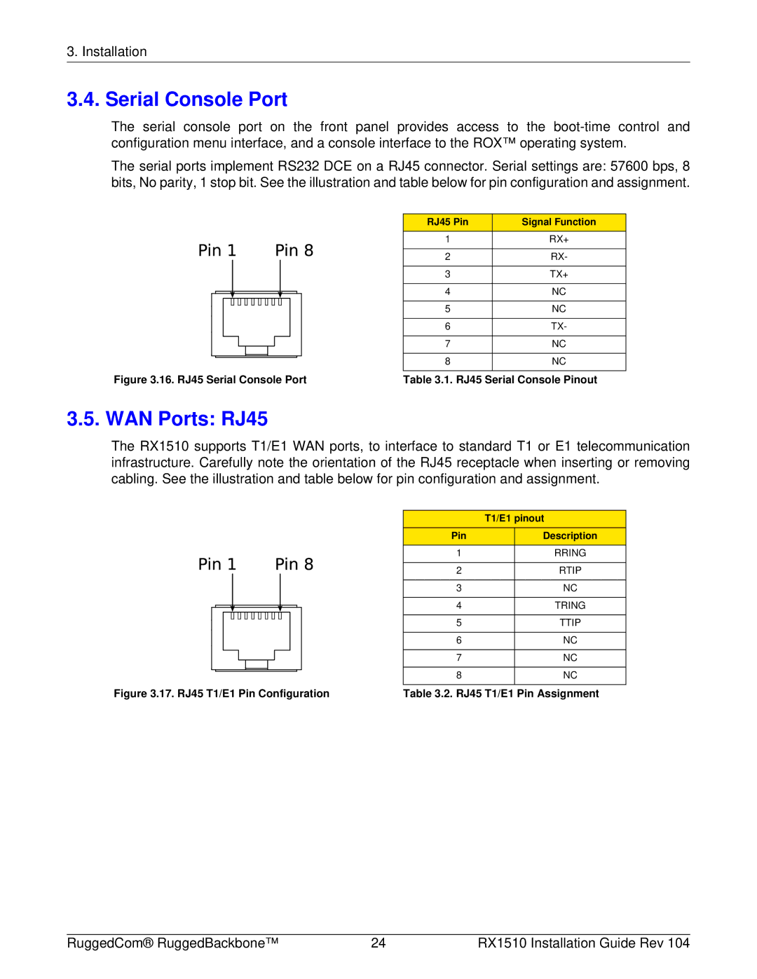 RuggedCom RX1510 manual Serial Console Port, WAN Ports RJ45, RJ45 Pin Signal Function, T1/E1 pinout 