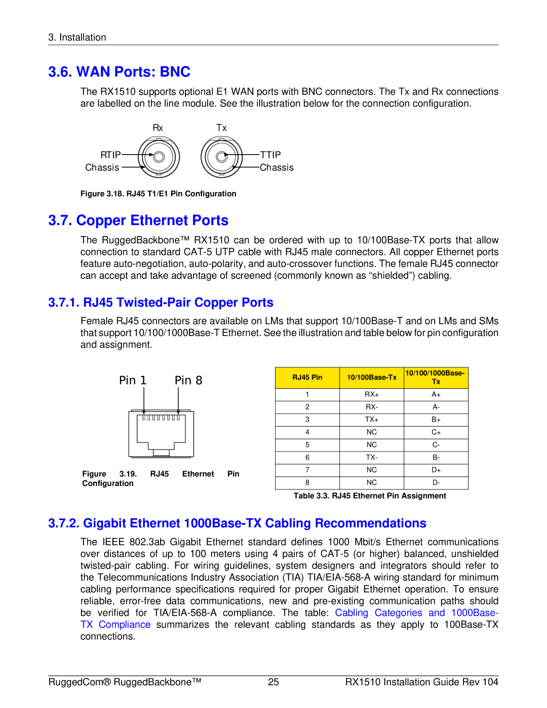 RuggedCom RX1510 manual WAN Ports BNC, Copper Ethernet Ports, 1. RJ45 Twisted-Pair Copper Ports 