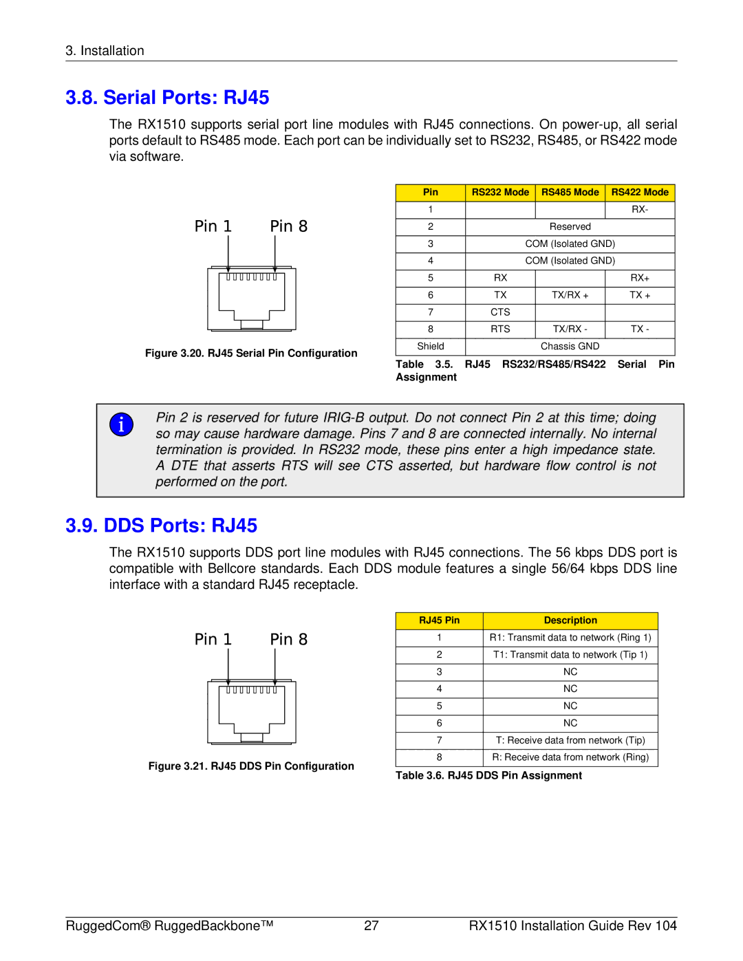 RuggedCom RX1510 manual Serial Ports RJ45, DDS Ports RJ45, Pin RS232 Mode RS485 Mode RS422 Mode, RJ45 Pin Description 