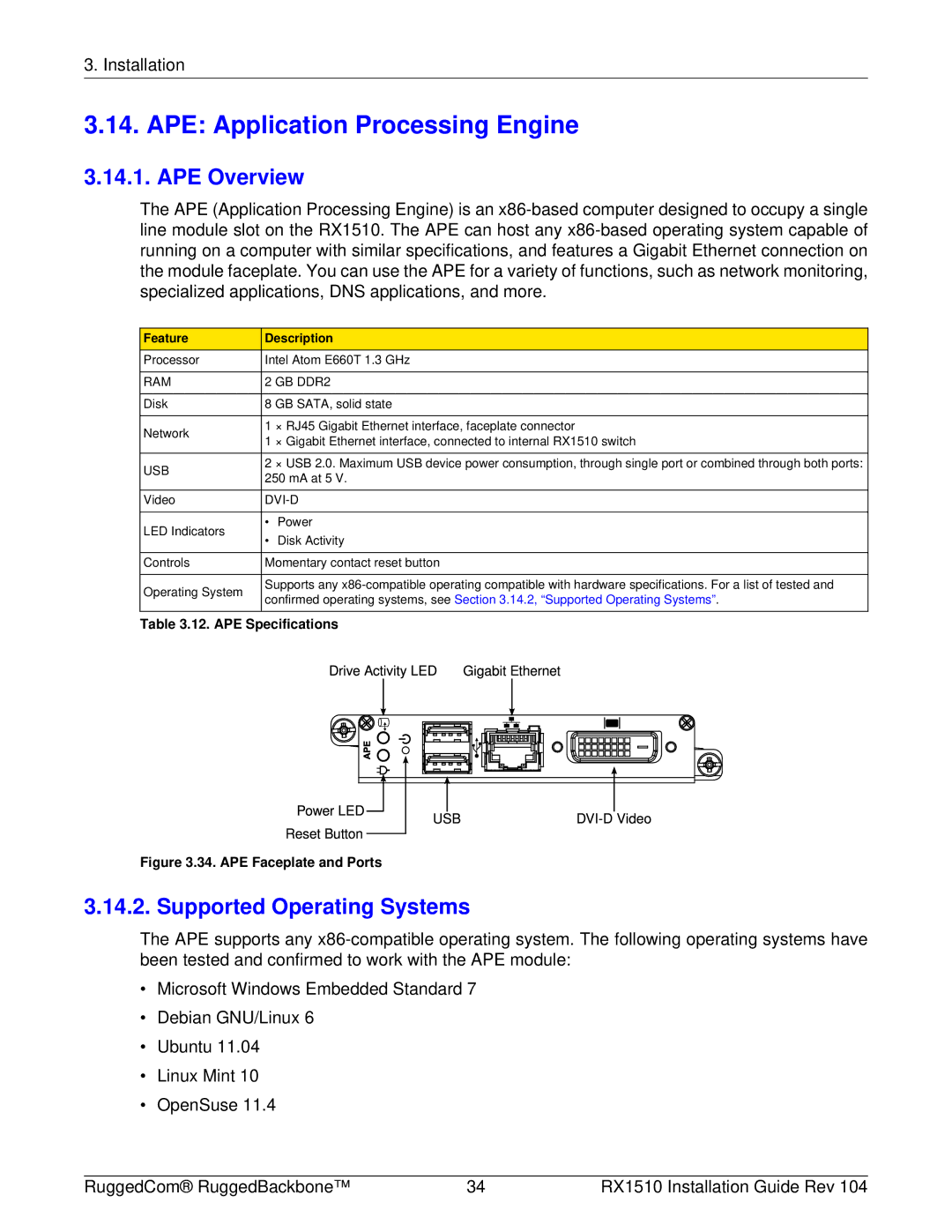 RuggedCom RX1510 manual APE Application Processing Engine, APE Overview, Supported Operating Systems, Feature Description 