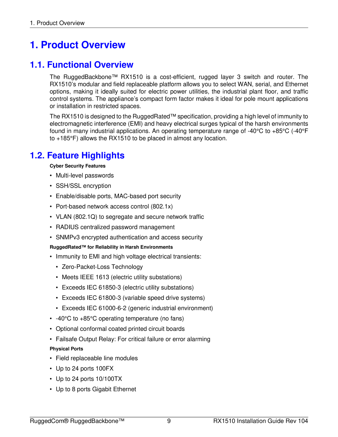 RuggedCom RX1510 manual Product Overview, Functional Overview, Feature Highlights 