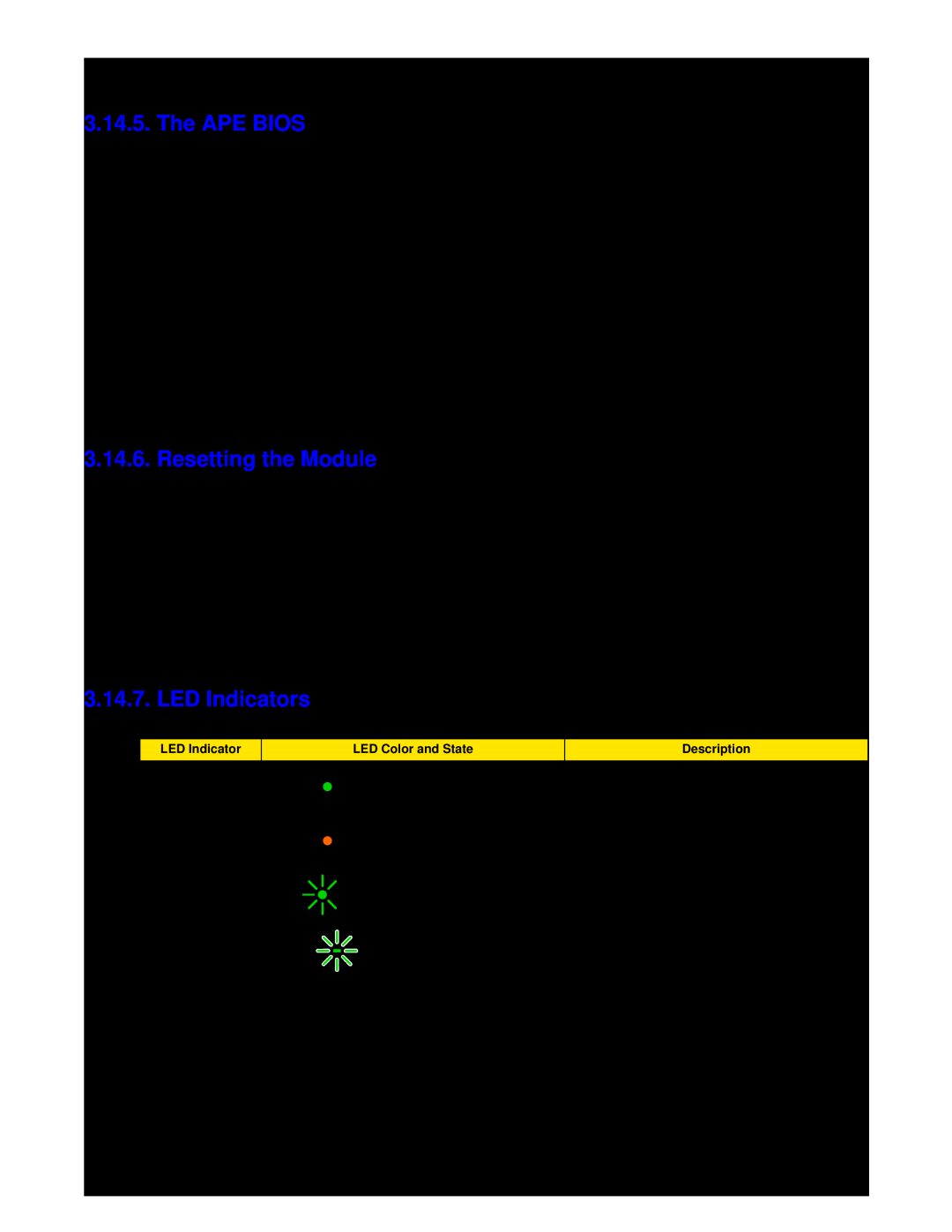 RuggedCom RX1510 manual The APE BIOS, Resetting the Module, 13. APE Module LED Indicators 