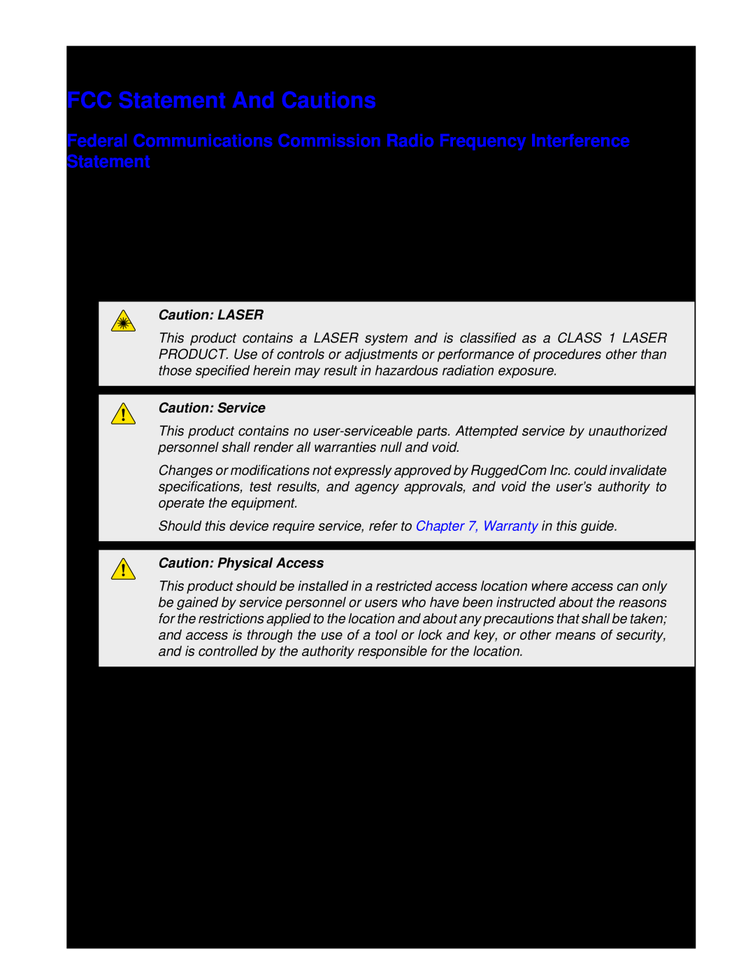 RuggedCom RX1510 manual FCC Statement And Cautions, Caution LASER, Caution Service, Caution Physical Access 