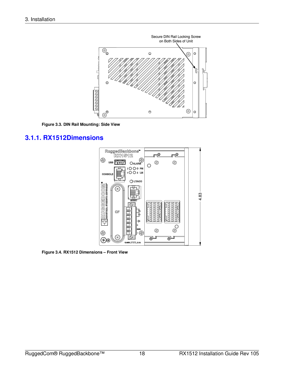 RuggedCom manual 1. RX1512Dimensions, DIN Rail Mounting Side View 