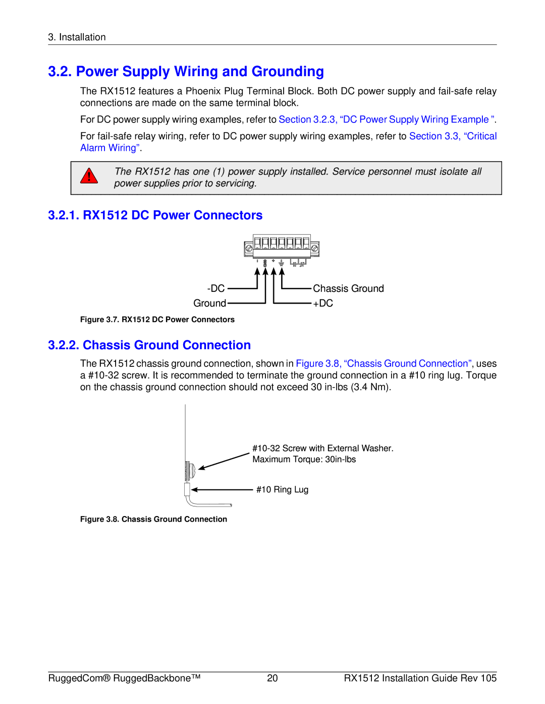 RuggedCom manual Power Supply Wiring and Grounding, 1. RX1512 DC Power Connectors, Chassis Ground Connection 