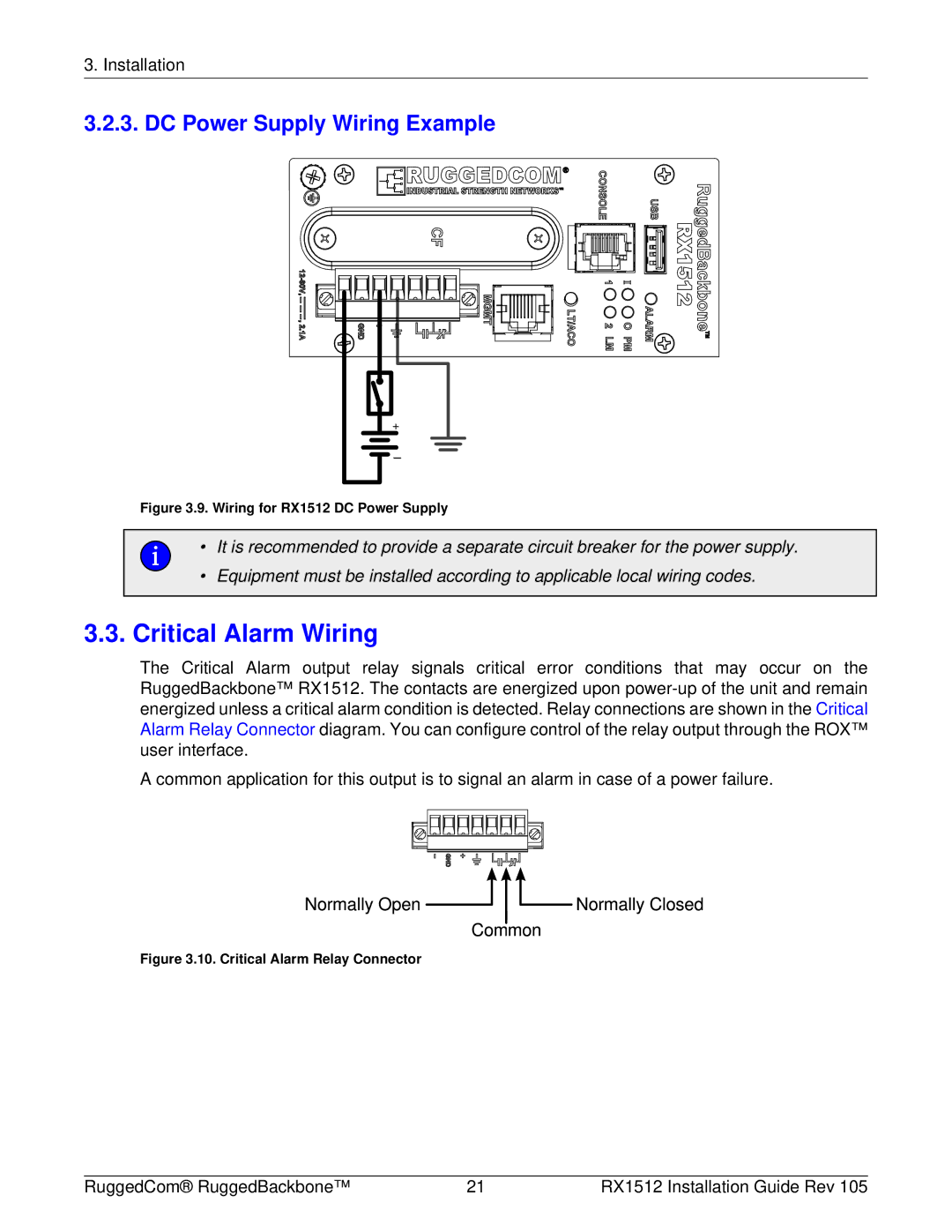 RuggedCom RX1512 manual Critical Alarm Wiring, DC Power Supply Wiring Example 