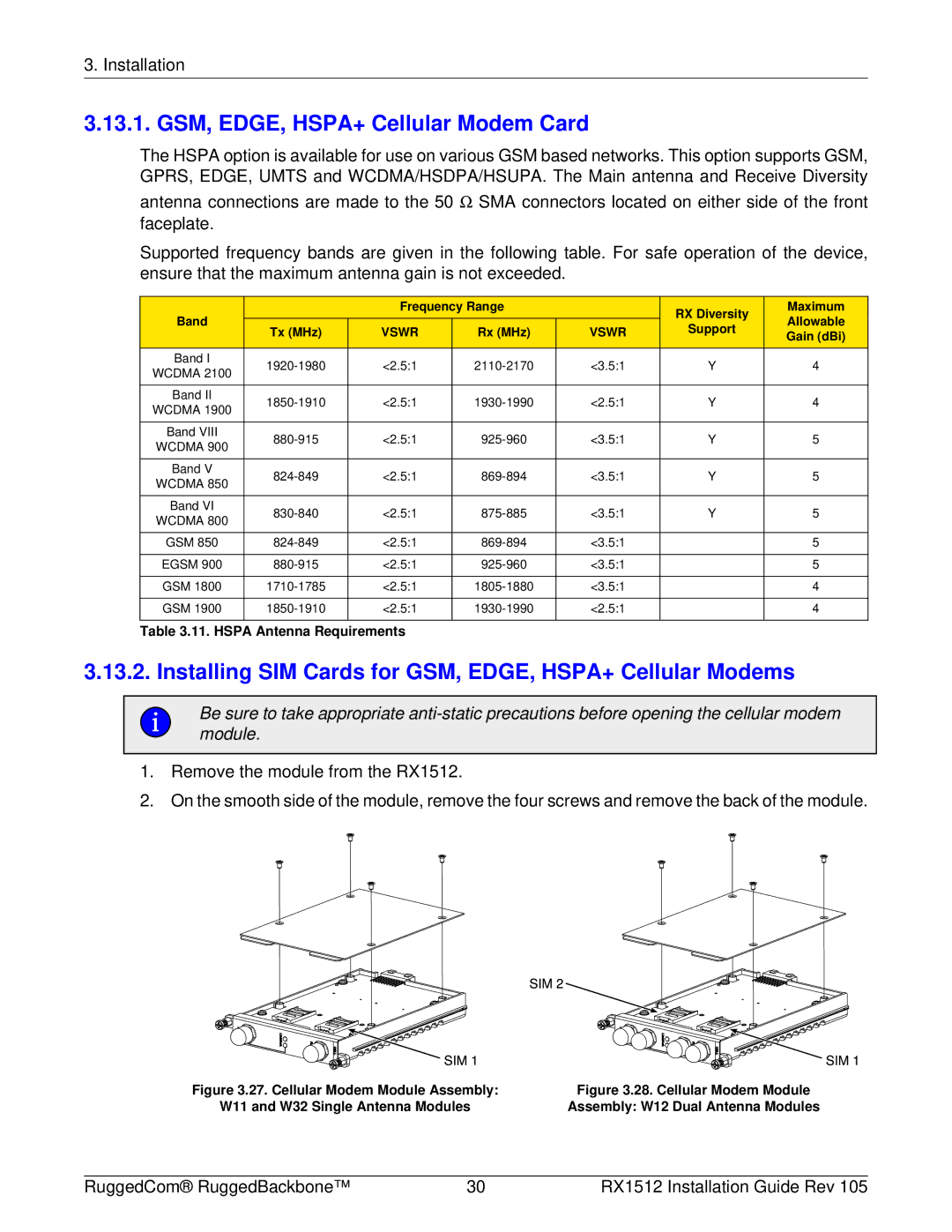 RuggedCom RX1512 manual GSM, EDGE, HSPA+ Cellular Modem Card, Installing SIM Cards for GSM, EDGE, HSPA+ Cellular Modems 