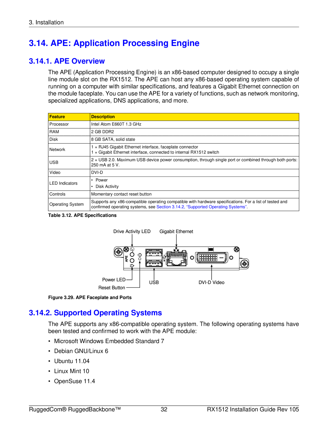 RuggedCom RX1512 manual APE Application Processing Engine, APE Overview, Supported Operating Systems, Feature Description 