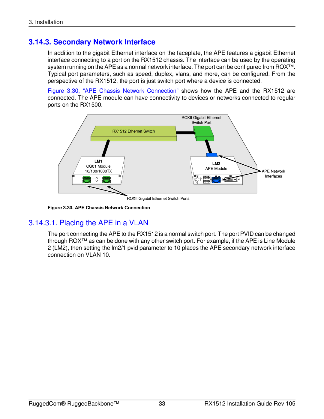 RuggedCom RX1512 manual Secondary Network Interface, Placing the APE in a Vlan 