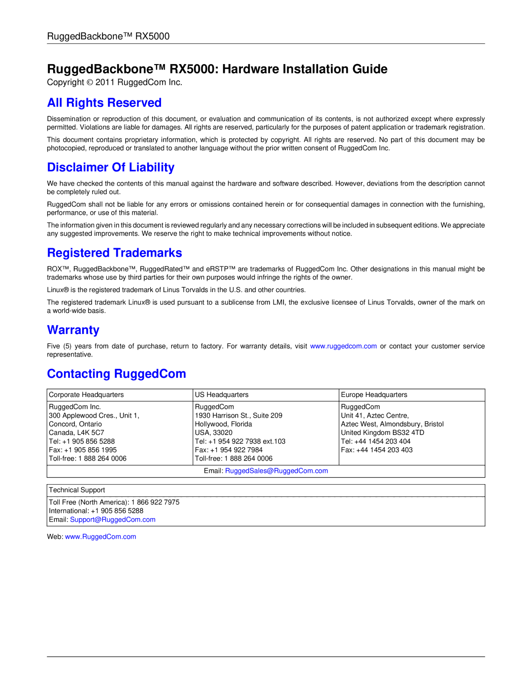 RuggedCom RX5000 manual All Rights Reserved, Disclaimer Of Liability, Registered Trademarks, Warranty Contacting RuggedCom 