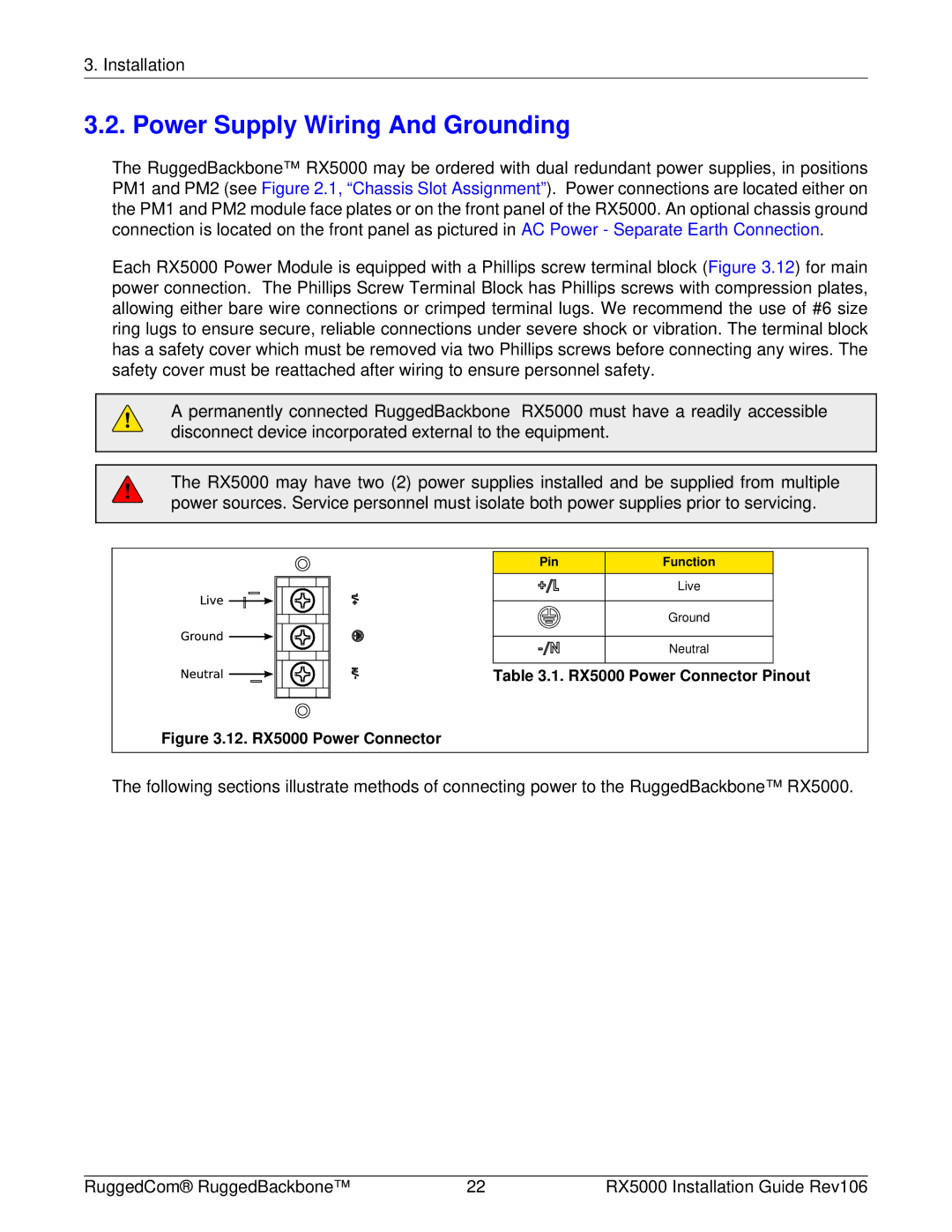 RuggedCom RX5000 manual Power Supply Wiring And Grounding, Pin Function 
