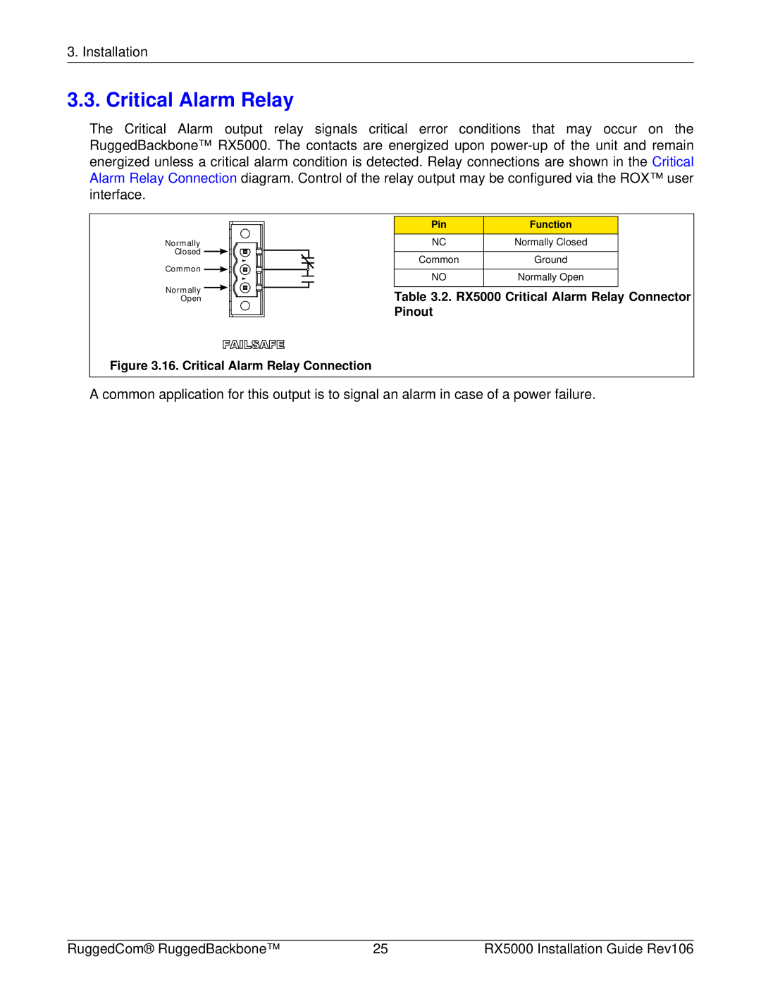 RuggedCom RX5000 manual Critical Alarm Relay Connection 