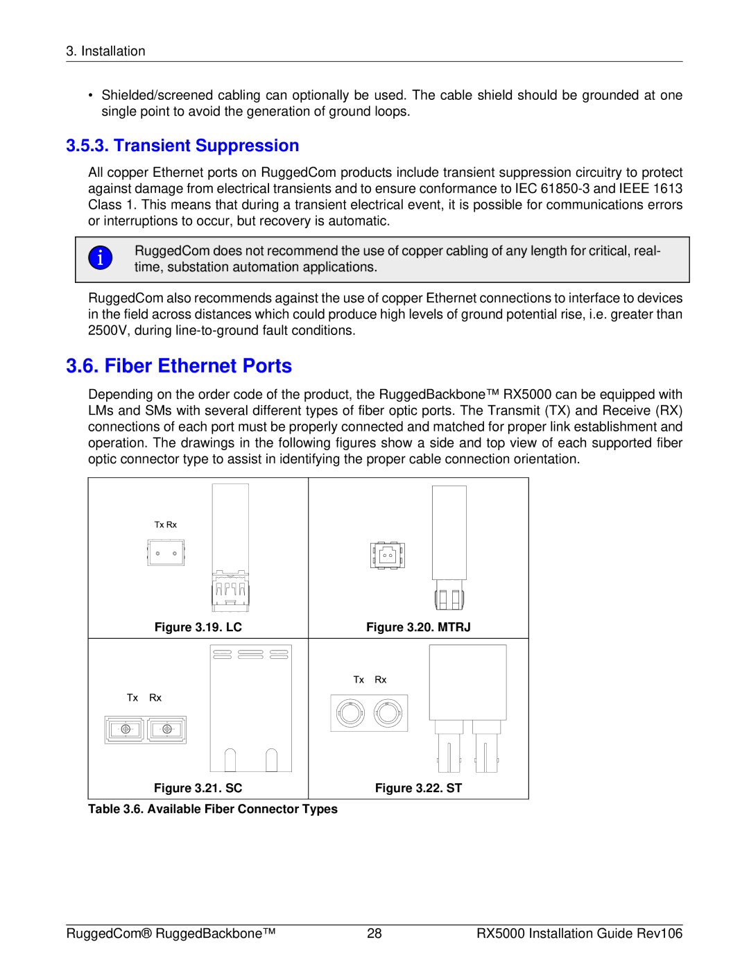 RuggedCom RX5000 manual Fiber Ethernet Ports, Transient Suppression 