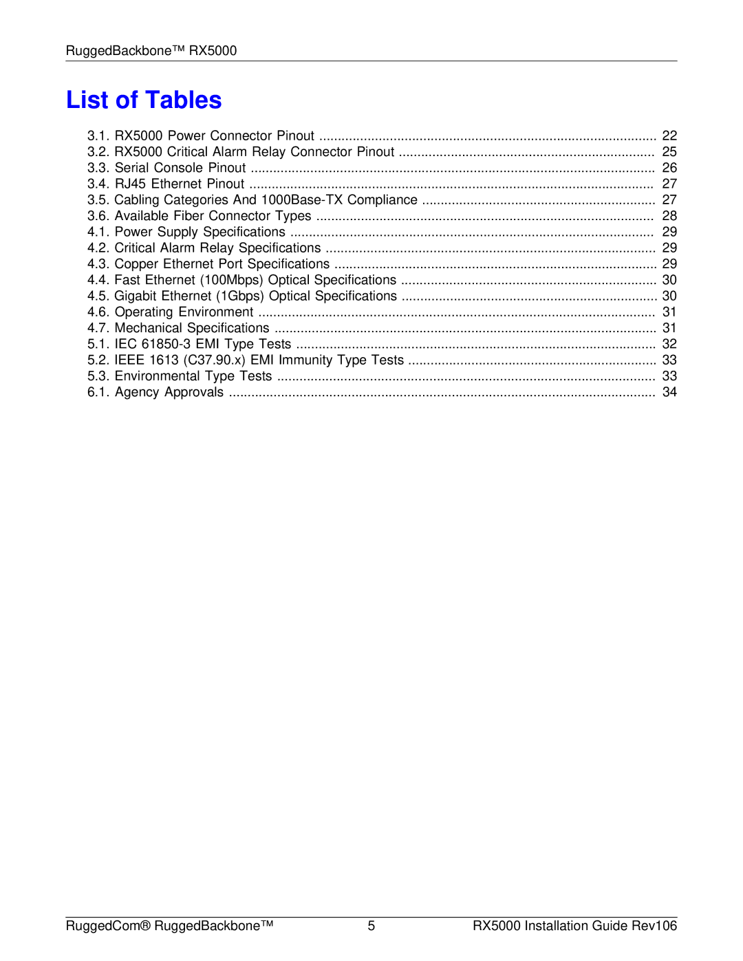 RuggedCom RX5000 manual List of Tables 