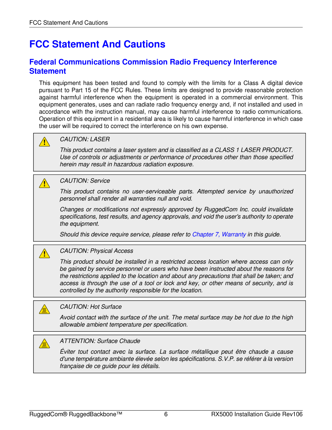 RuggedCom RX5000 manual FCC Statement And Cautions 