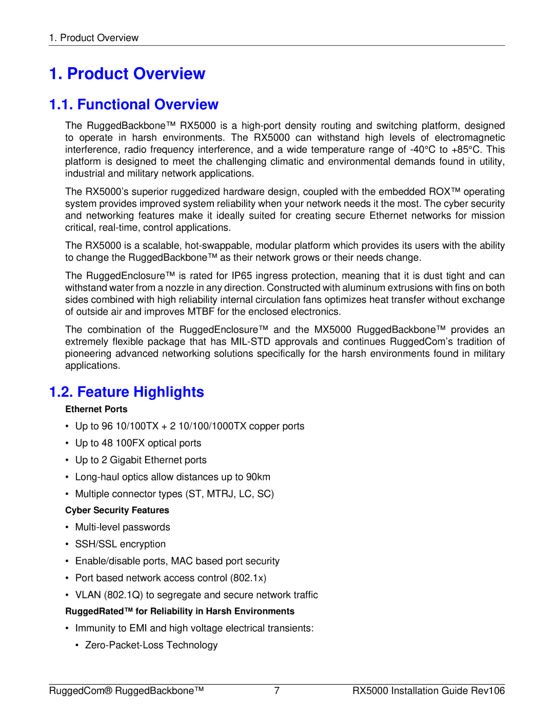 RuggedCom RX5000 manual Product Overview, Functional Overview, Feature Highlights 