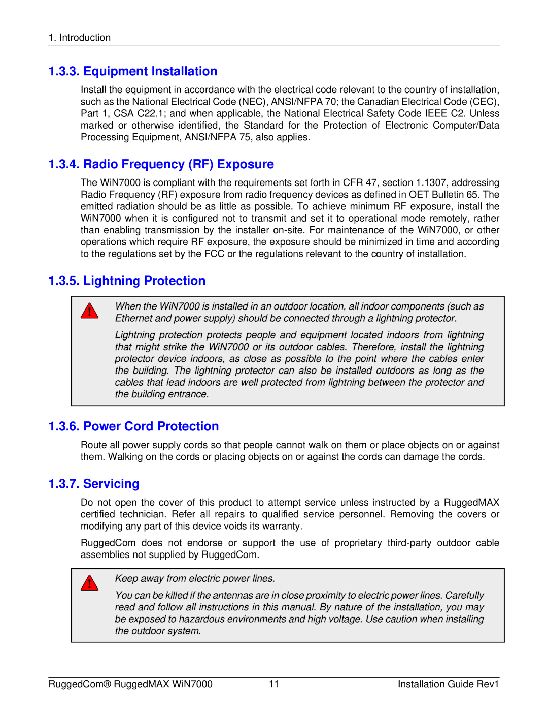 RuggedCom WIN7000 manual Equipment Installation, Radio Frequency RF Exposure, Lightning Protection, Power Cord Protection 