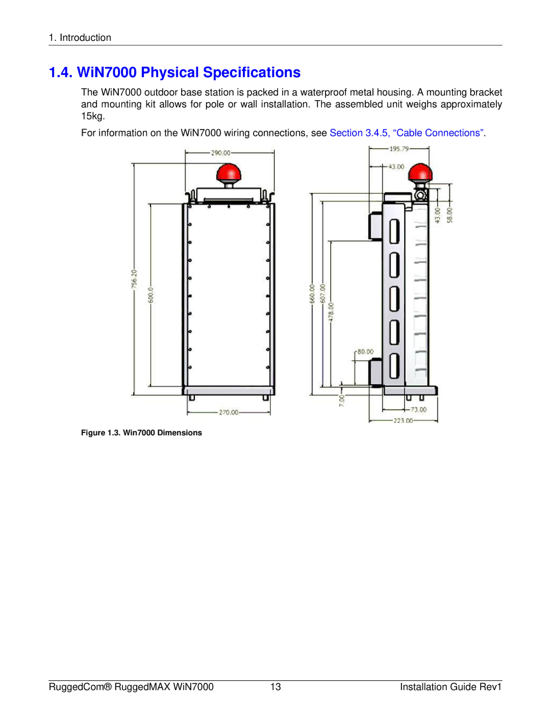 RuggedCom WIN7000 manual WiN7000 Physical Specifications, Win7000 Dimensions 