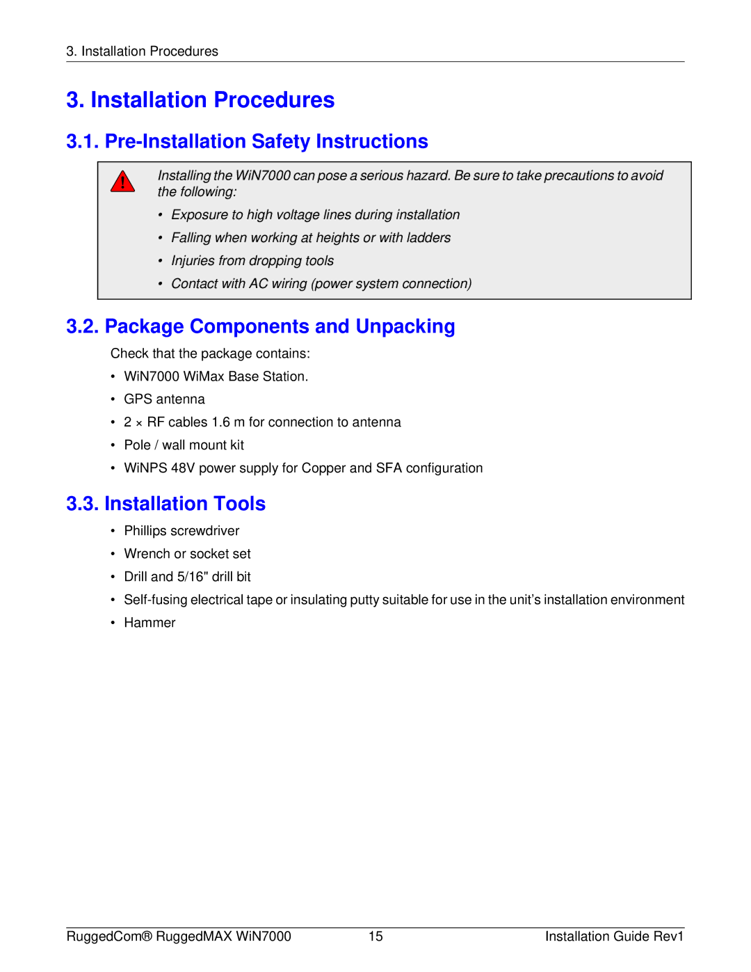 RuggedCom WIN7000 manual Installation Procedures, Pre-Installation Safety Instructions, Package Components and Unpacking 