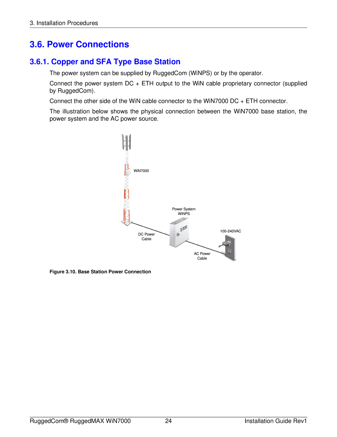 RuggedCom WIN7000 manual Power Connections, Copper and SFA Type Base Station 