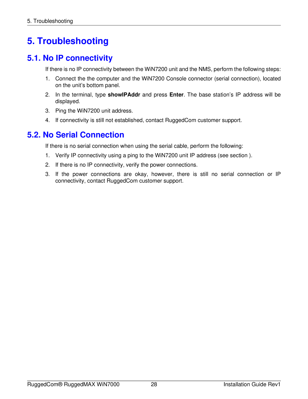 RuggedCom WIN7000 manual Troubleshooting, No IP connectivity, No Serial Connection 