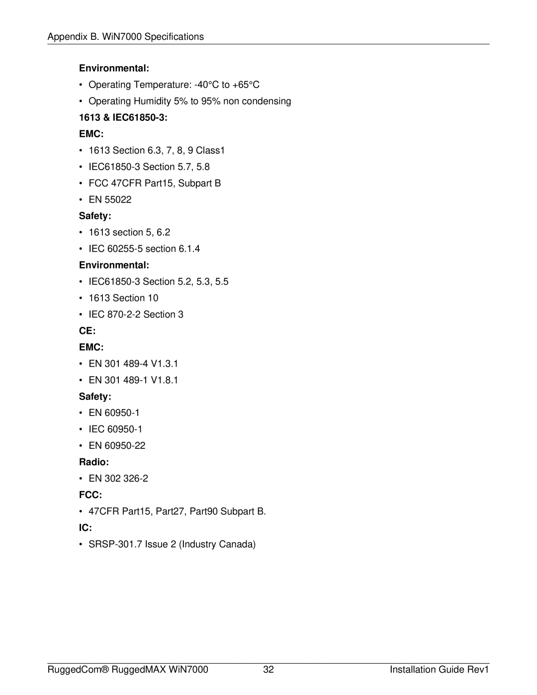 RuggedCom WIN7000 manual Environmental, 1613 & IEC61850-3, Safety, Radio 