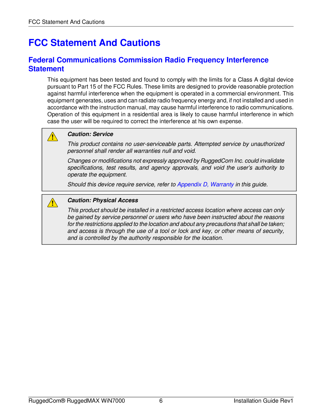 RuggedCom WIN7000 manual FCC Statement And Cautions 