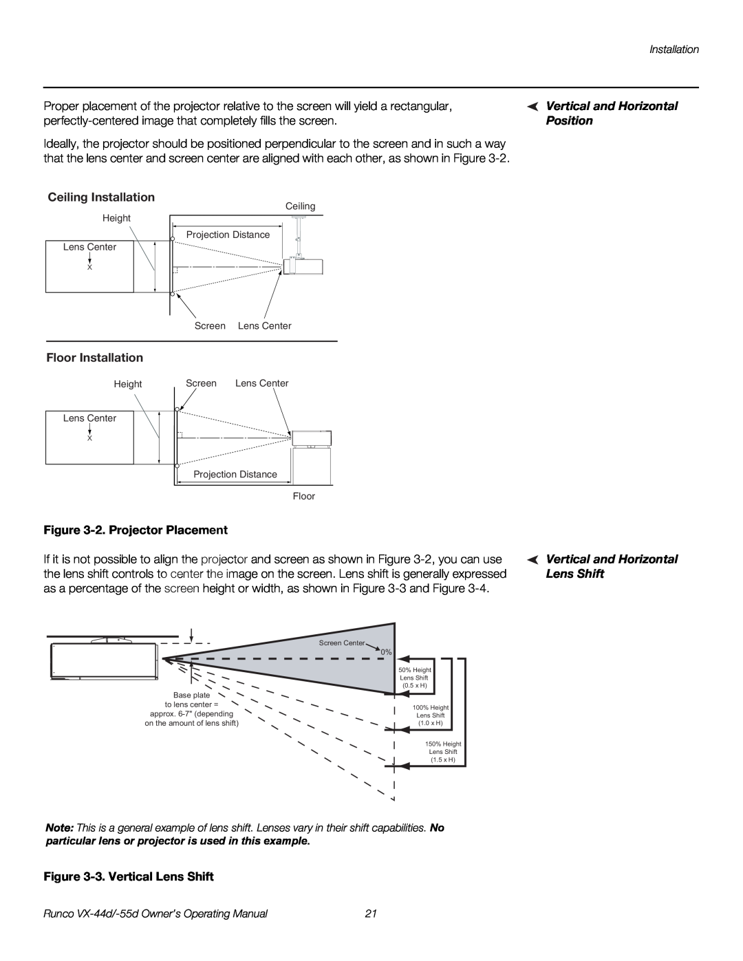 Runco 1080p manual Ceiling Installation, Floor Installation, 2. Projector Placement, 3. Vertical Lens Shift 