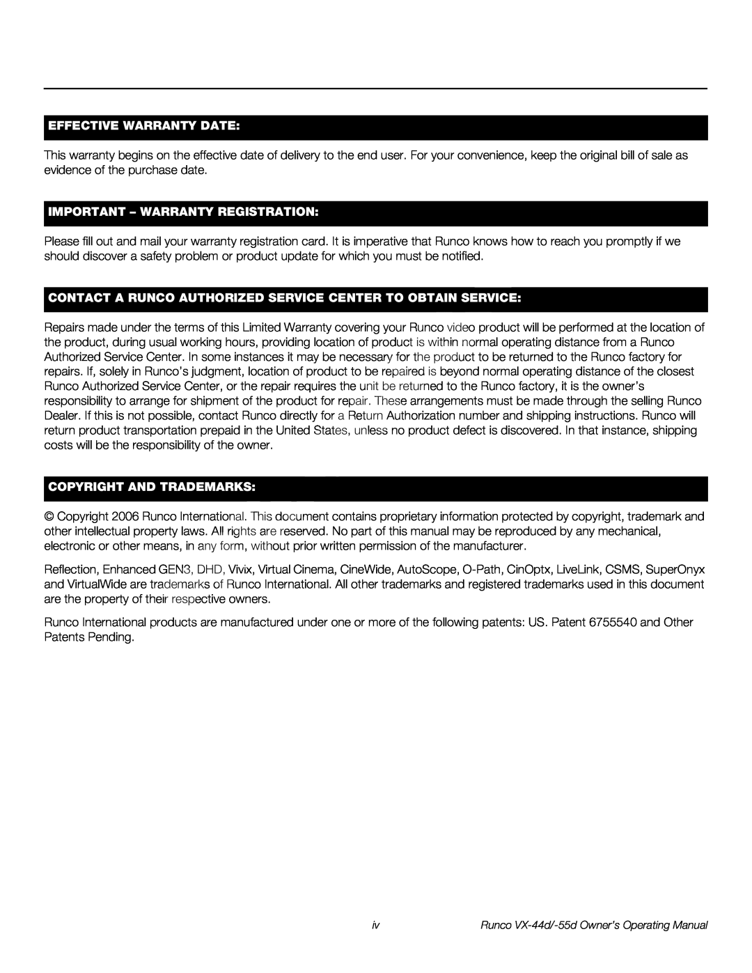 Runco 1080p manual Effective Warranty Date, Important - Warranty Registration, Copyright And Trademarks 