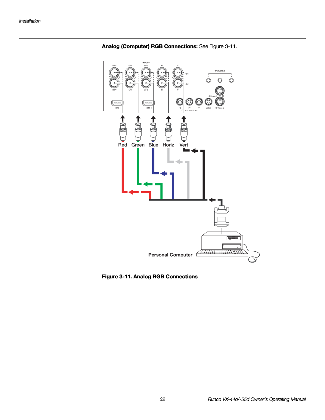 Runco 1080p manual Analog Computer RGB Connections See Figure, 11. Analog RGB Connections, Installation, Inputs 