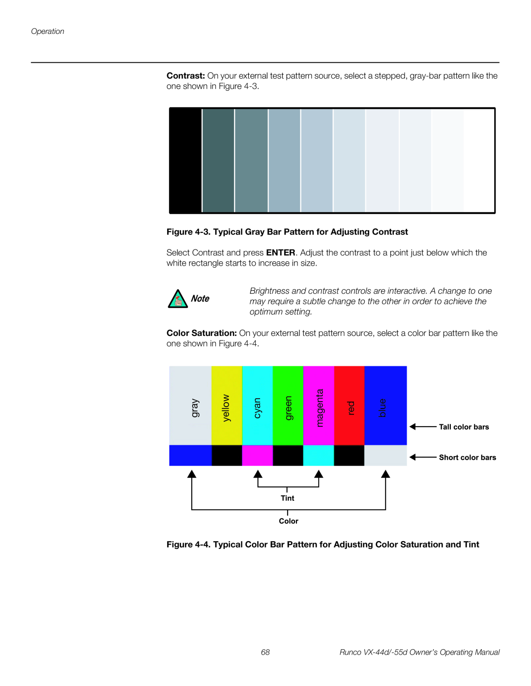 Runco 1080p manual gray, yellow, cyan, green, magenta, blue, 3. Typical Gray Bar Pattern for Adjusting Contrast 