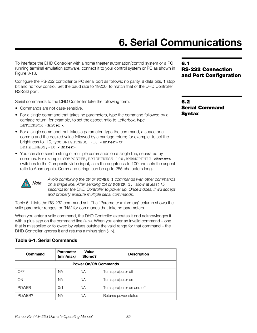 Runco 1080p manual RS-232 Connection and Port Configuration, Serial Command Syntax, Serial Commands 