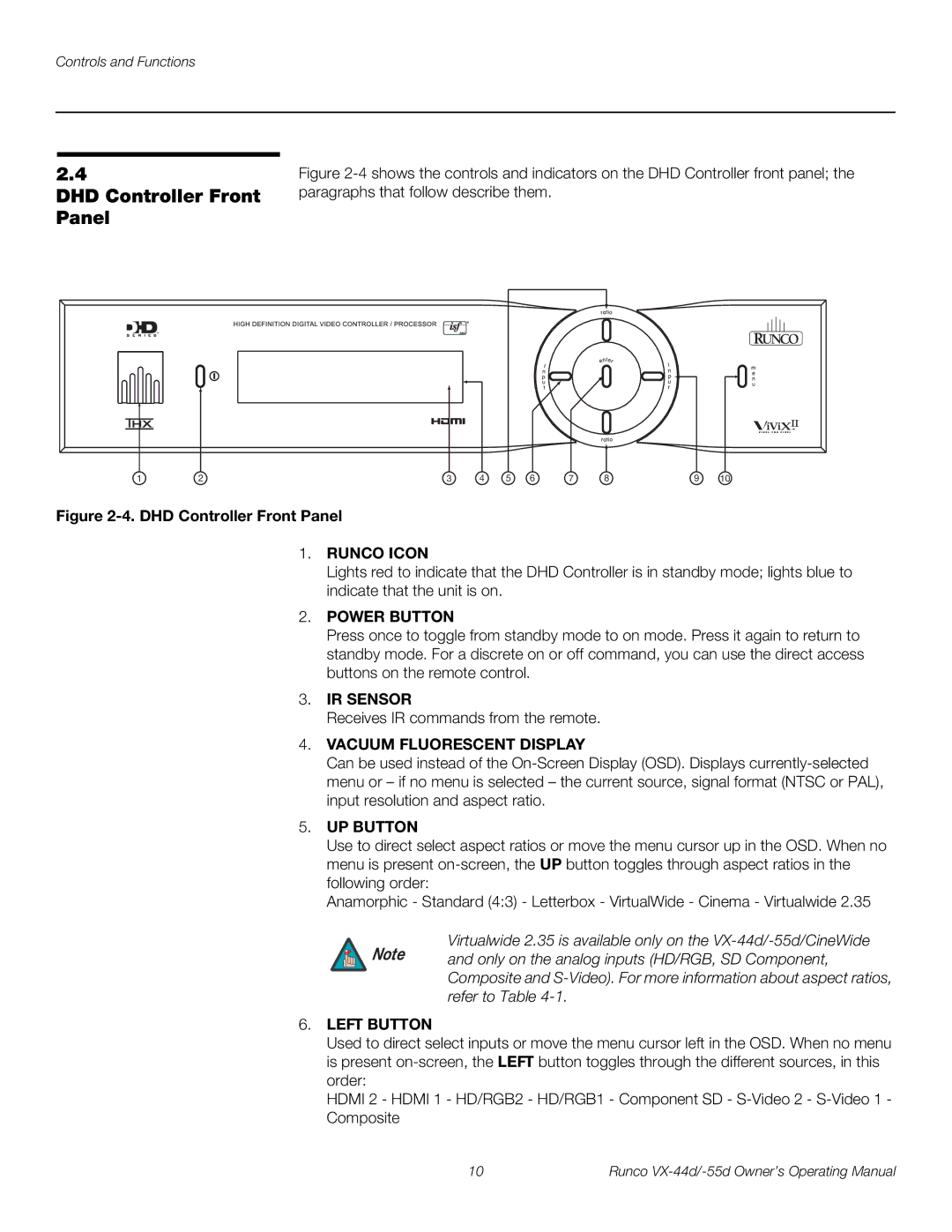 Runco 1080p manual DHD Controller Front Panel, Runco Icon, IR Sensor, Vacuum Fluorescent Display 