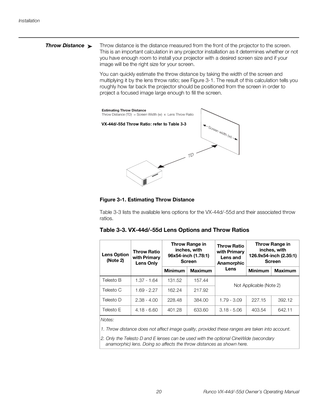 Runco 1080p manual VX-44d/-55d Lens Options and Throw Ratios 