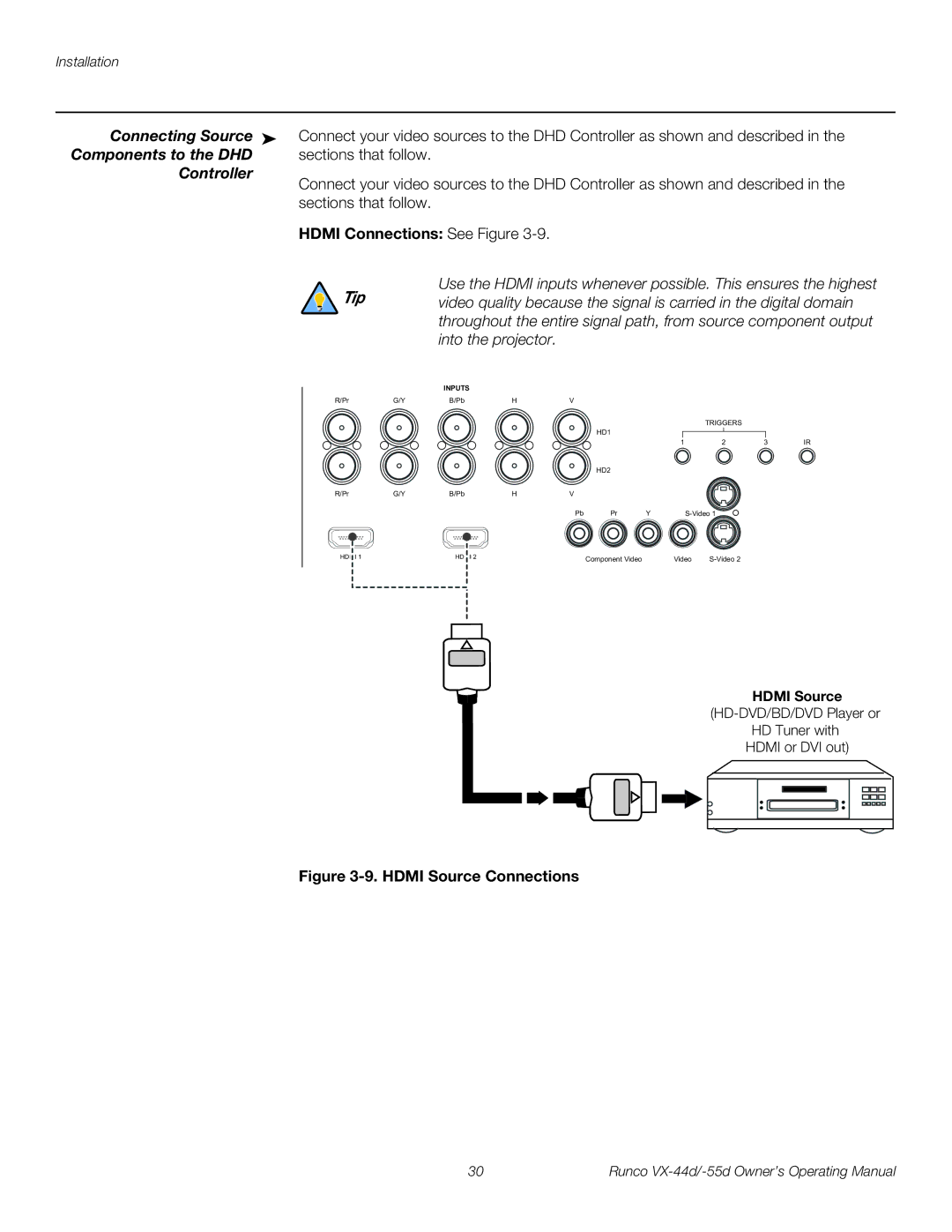 Runco 1080p manual Connecting Source, Components to the DHD, Controller, Hdmi Connections See Figure, Into the projector 