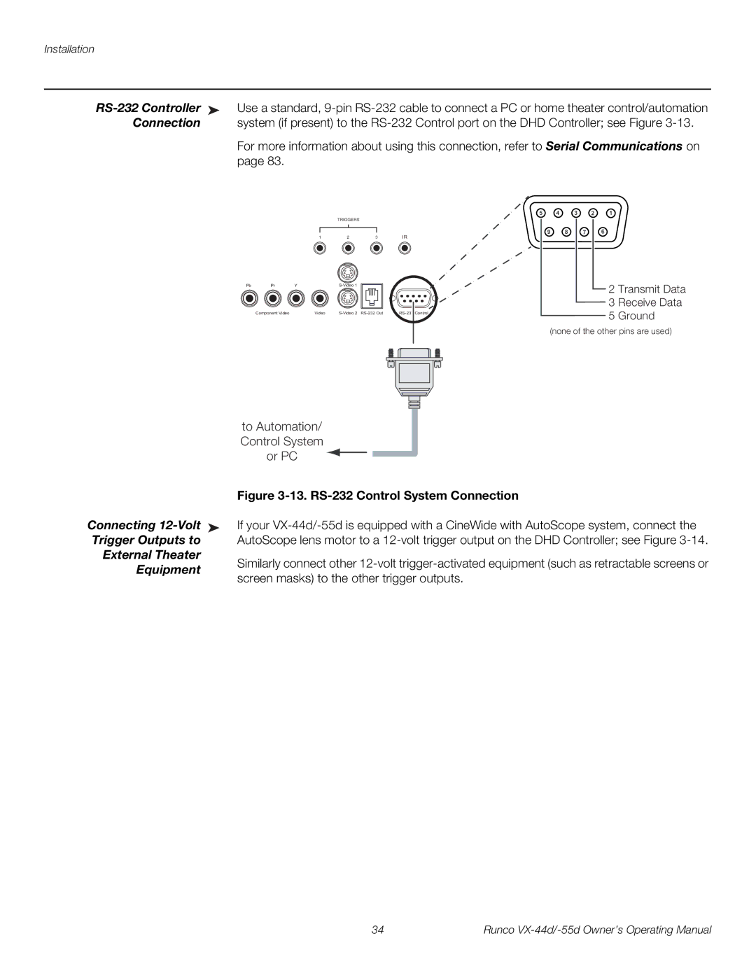 Runco 1080p manual RS-232 Controller, Connection, Connecting 12-Volt, Trigger Outputs to, External Theater, Equipment 