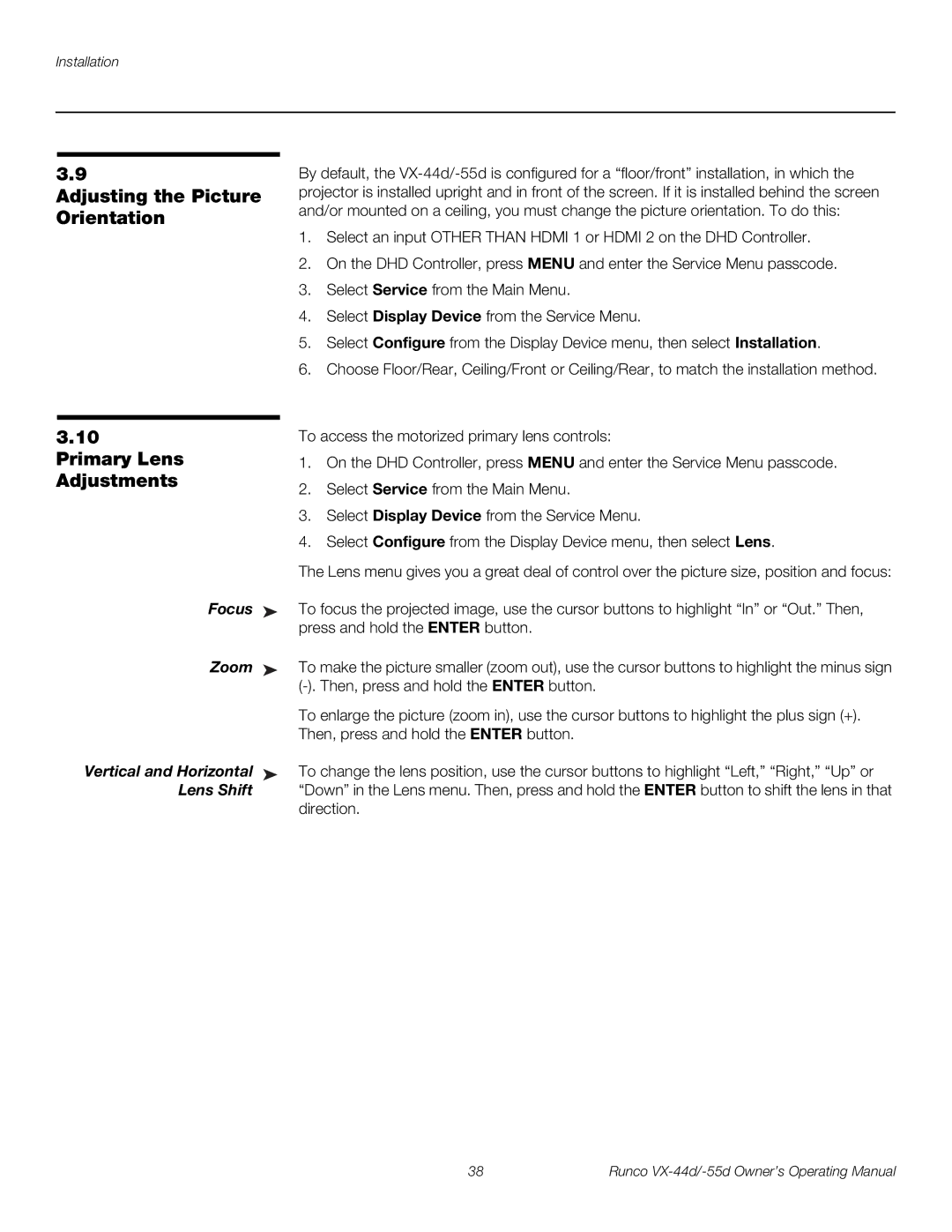 Runco 1080p Adjusting the Picture Orientation Primary Lens Adjustments, Focus Zoom Vertical and Horizontal Lens Shift 