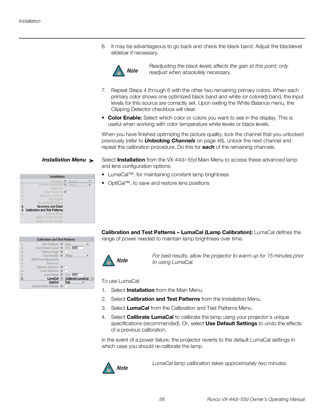 Runco 1080p manual Installation Menu, Readjust when absolutely necessary, To using LumaCal 