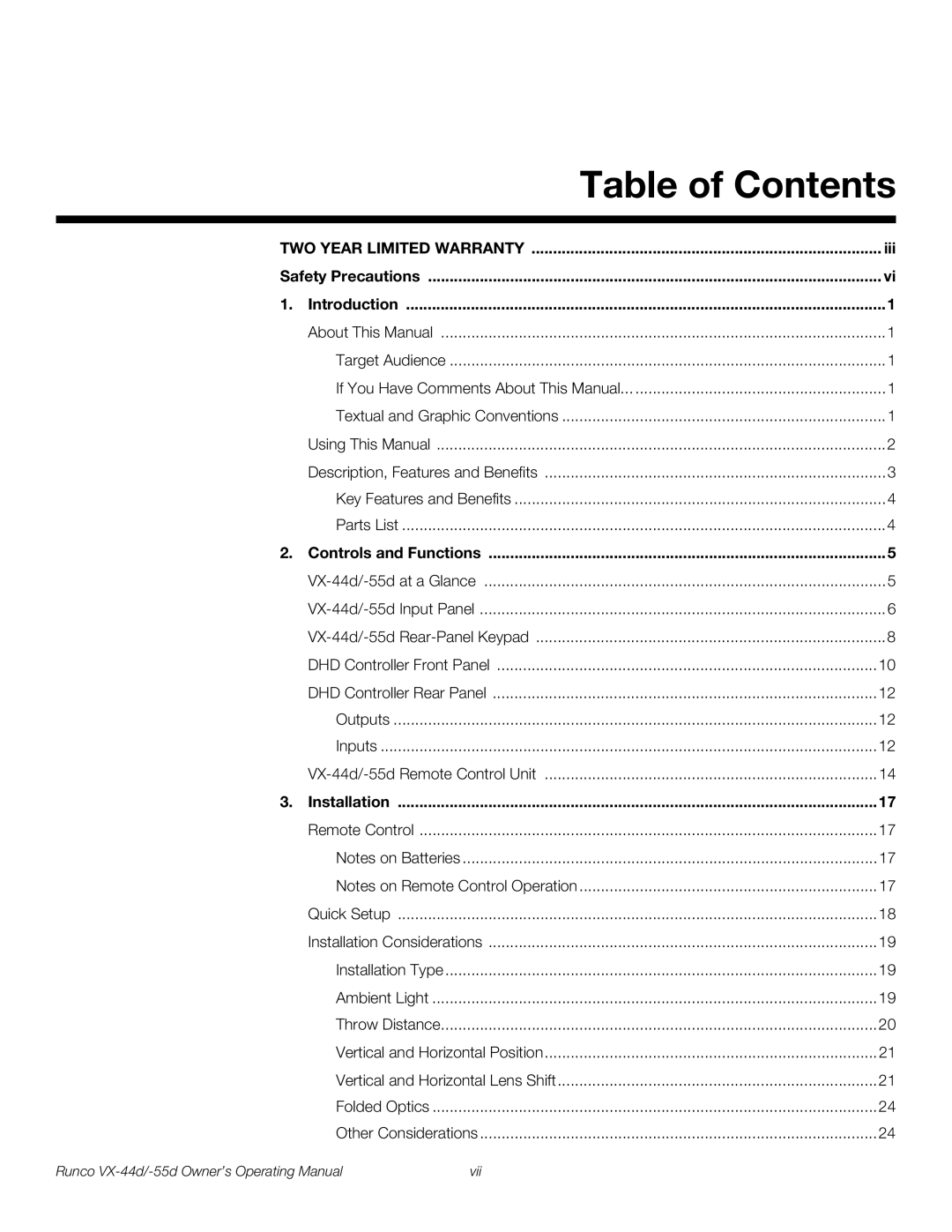 Runco 1080p manual Table of Contents 