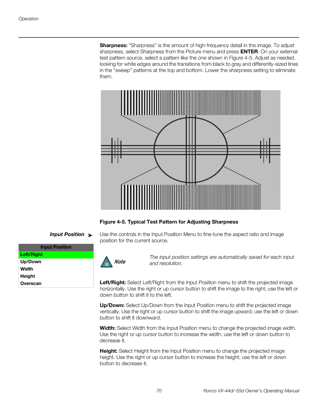 Runco 1080p manual Resolution, Input Position Left/Right Up/Down Width Height Overscan 