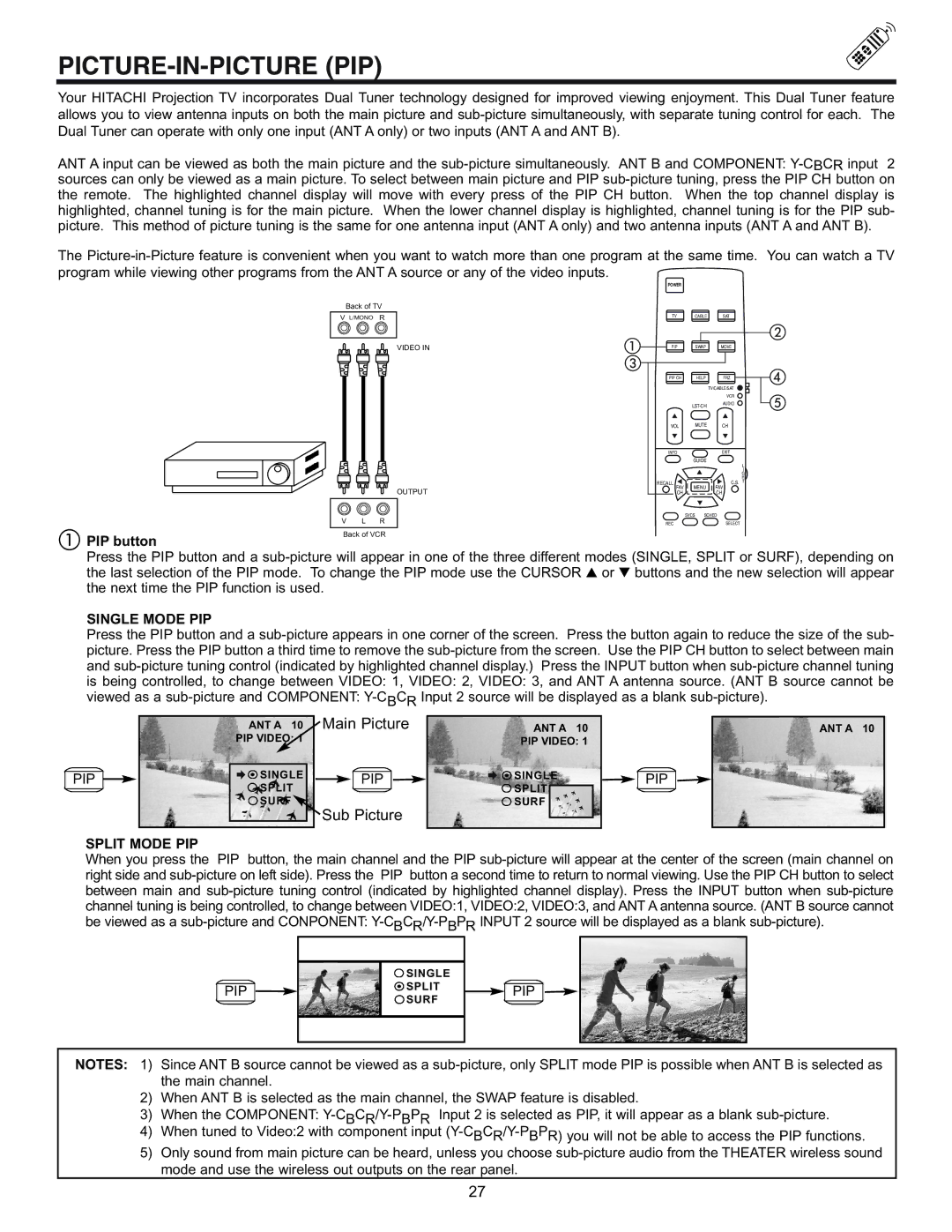 Runco 61SBX59B, 53SBX59B manual Picture-In-Picture Pip, PIP button, Single Mode PIP, Split Mode PIP 