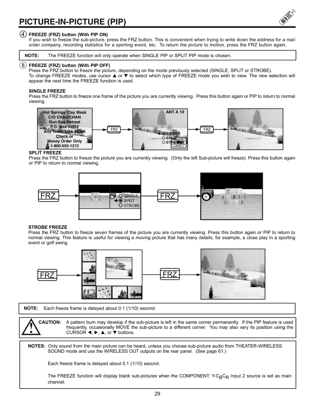 Runco 61SBX59B Freeze FRZ button With PIP on, Freeze FRZ button With PIP OFF, Single Freeze, Split Freeze, Strobe Freeze 
