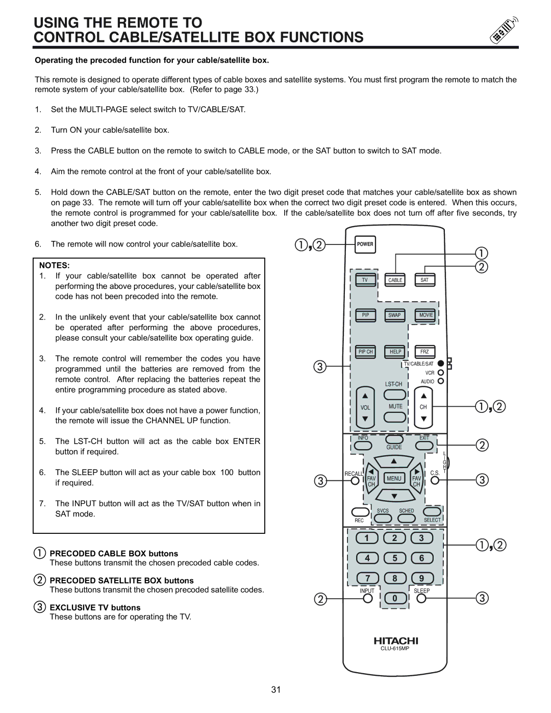 Runco 61SBX59B, 53SBX59B manual Using the Remote to Control CABLE/SATELLITE BOX Functions, Precoded Cable BOX buttons 