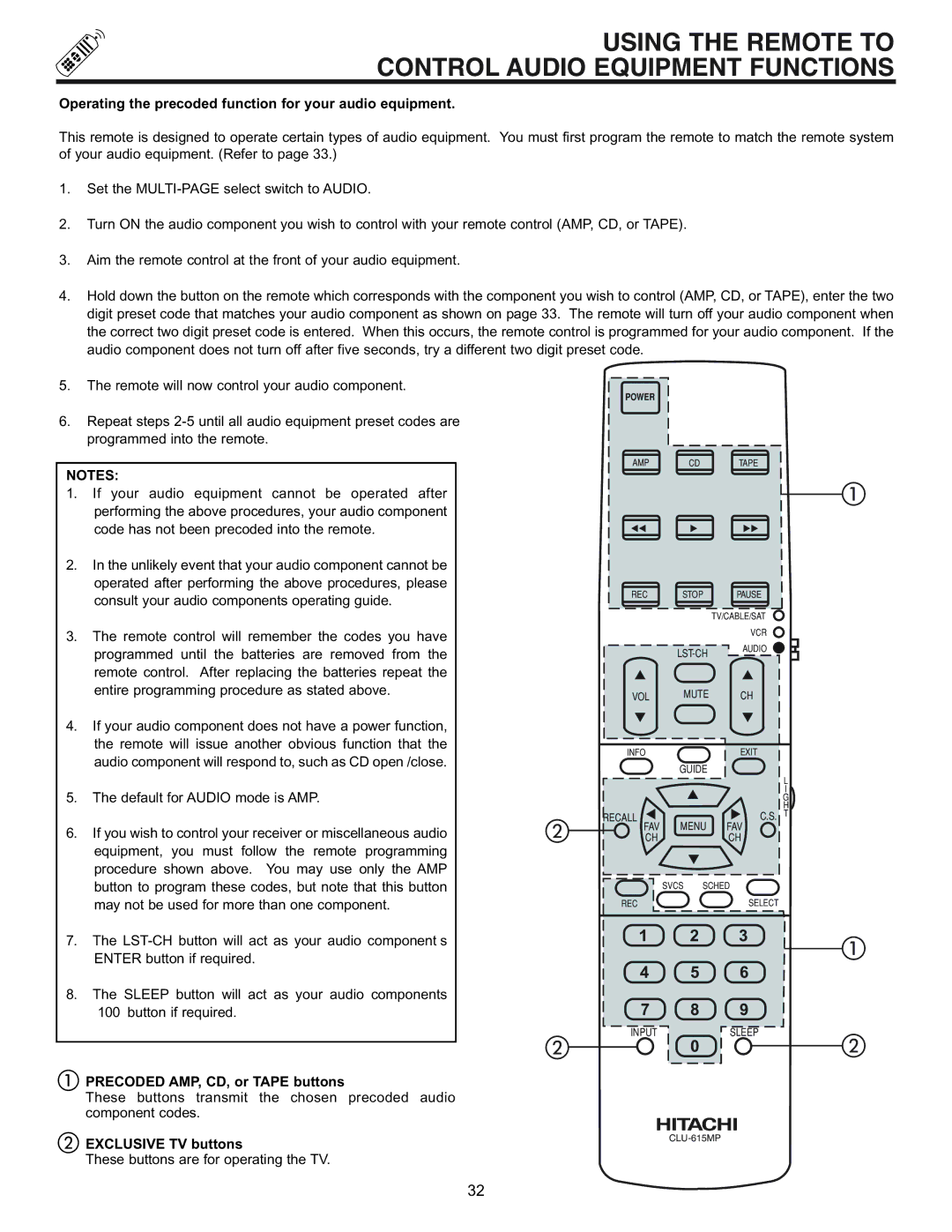 Runco 53SBX59B, 61SBX59B manual Using the Remote to Control Audio Equipment Functions, Precoded AMP, CD, or Tape buttons 