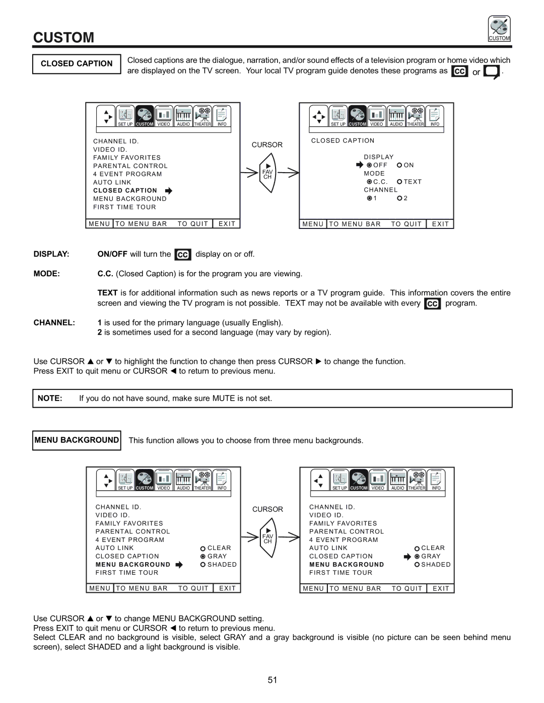 Runco 61SBX59B, 53SBX59B manual Closed Caption, Display, Mode, Channel, Menu Background 