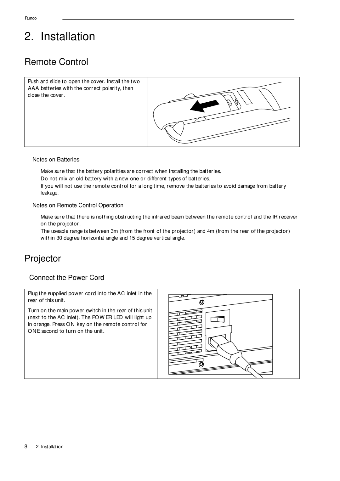 Runco CL-500 manual Installation, Remote Control, Projector, Connect the Power Cord 