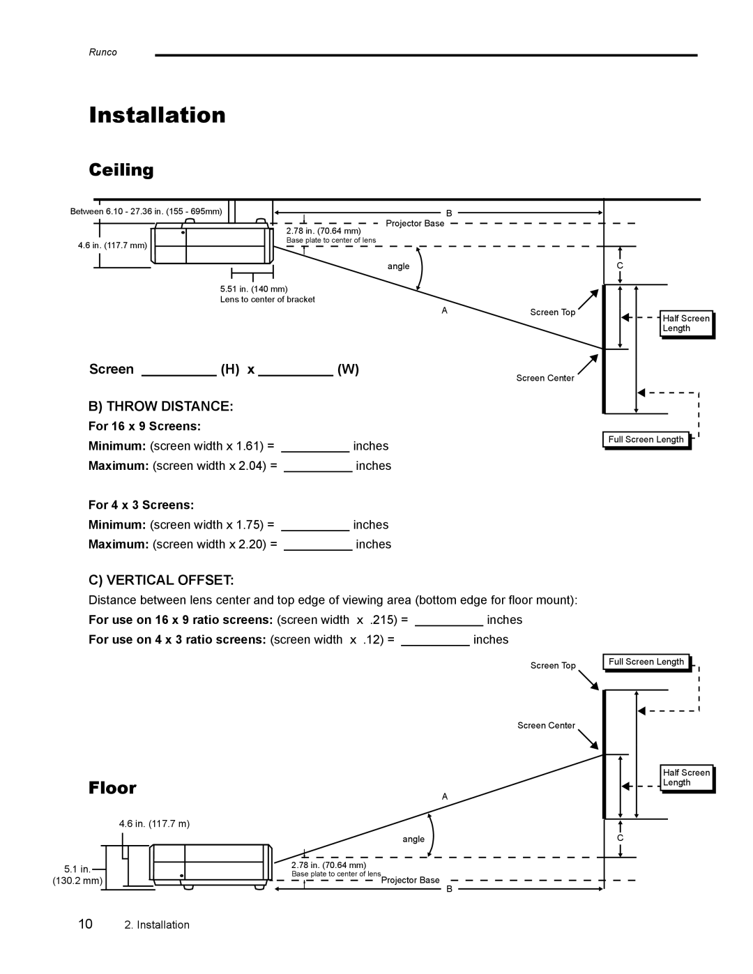 Runco CL-500 manual For 16 x 9 Screens, For 4 x 3 Screens 