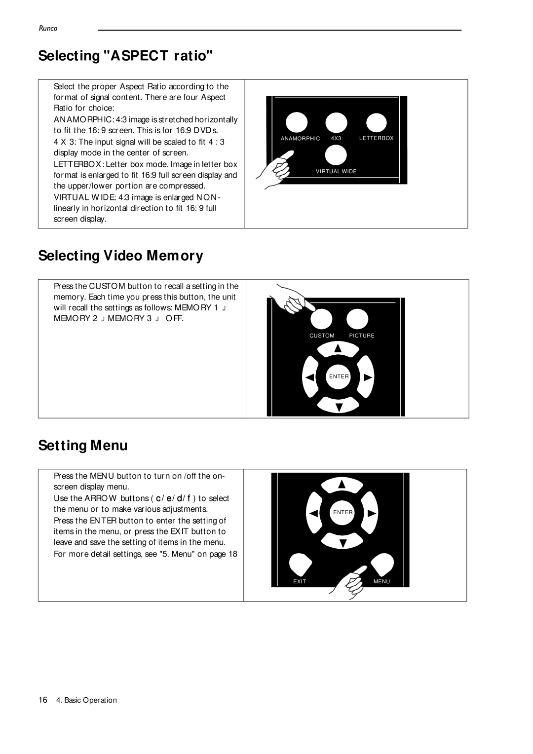 Runco CL-500 manual Selecting Aspect ratio, Selecting Video Memory, Setting Menu 