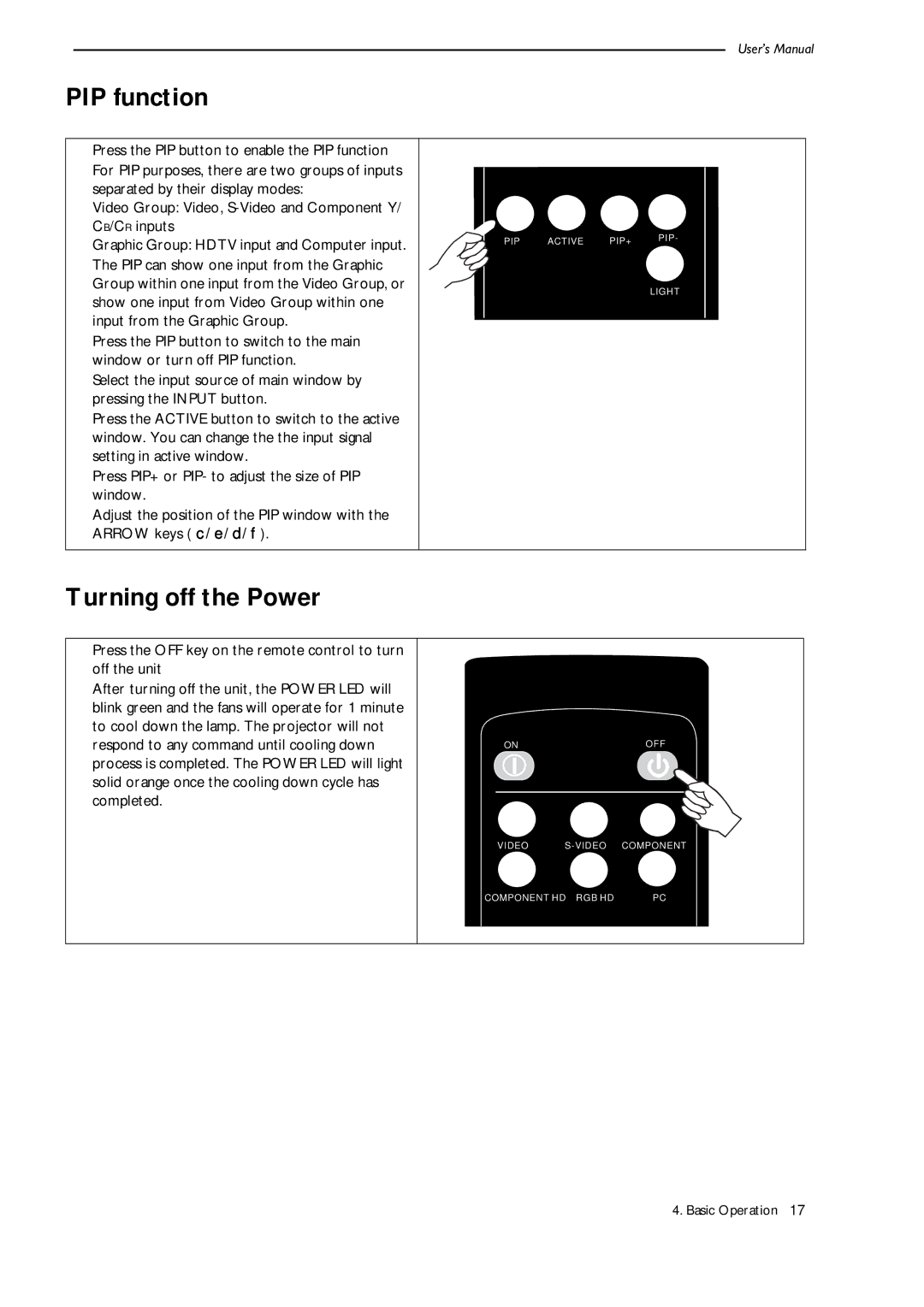 Runco CL-500 manual PIP function, Turning off the Power 